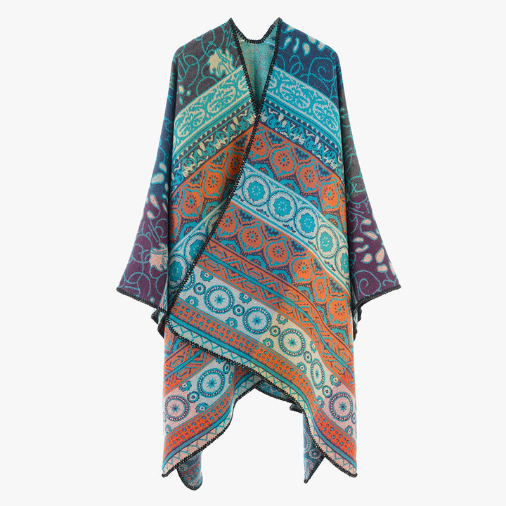 Damen Jacquard-Cape mit geometrischem Ornamentmuster und kontrastierter Kettelnaht Drune
