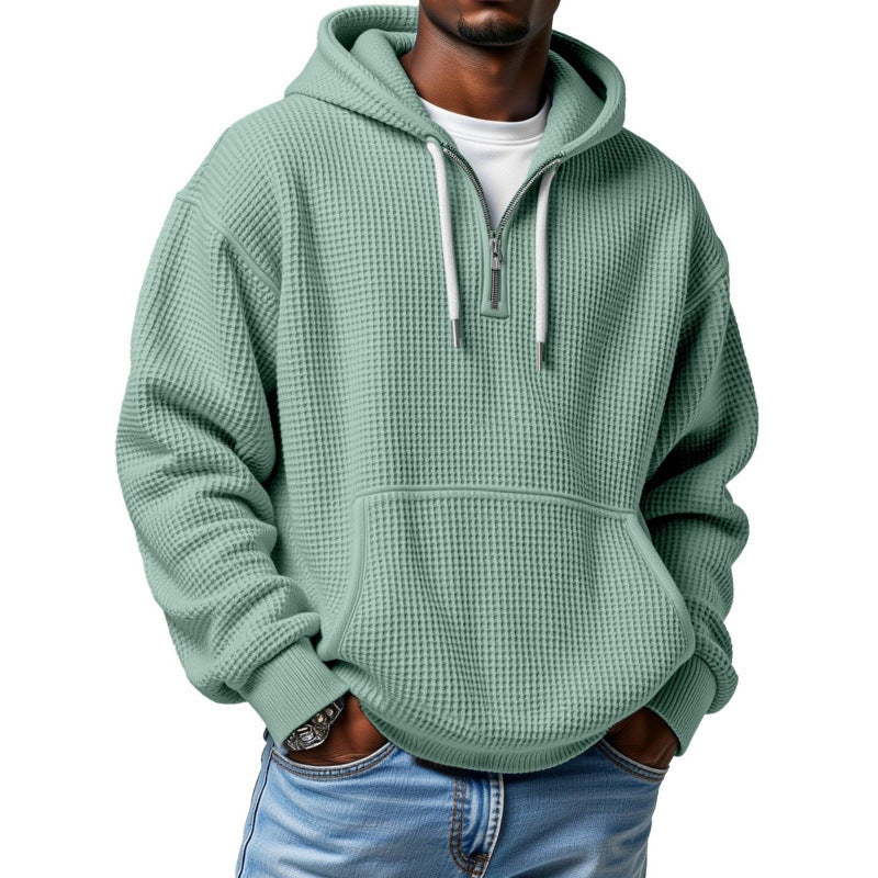 Herren Waffelstrick Halfzip-Kapuzenpullover mit Kängurutasche Drune