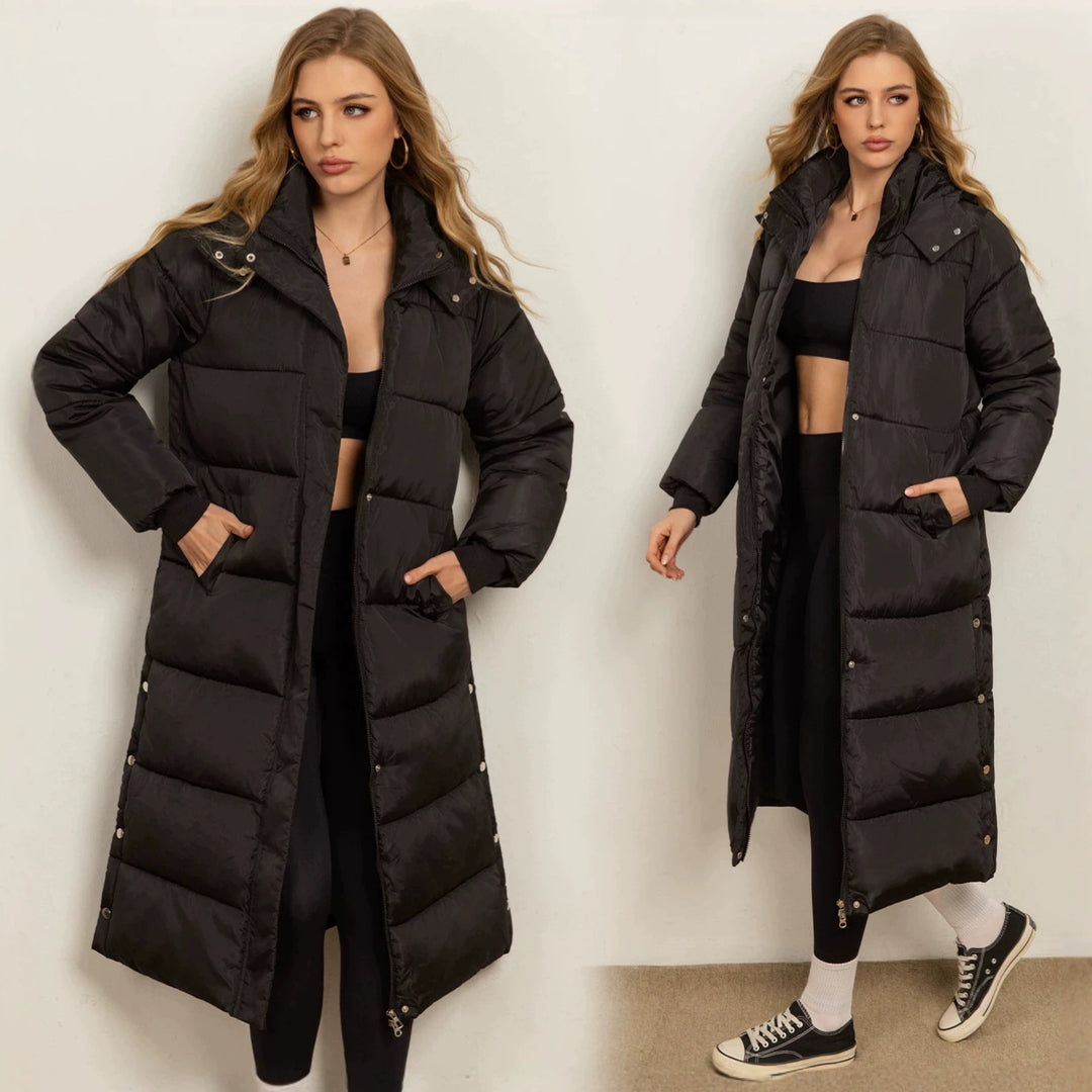 Damen Langer wattierter Puffer-Mantel mit Kassettensteppung, Zwei-Wege-Reißverschluss und Rippbündchen Drune