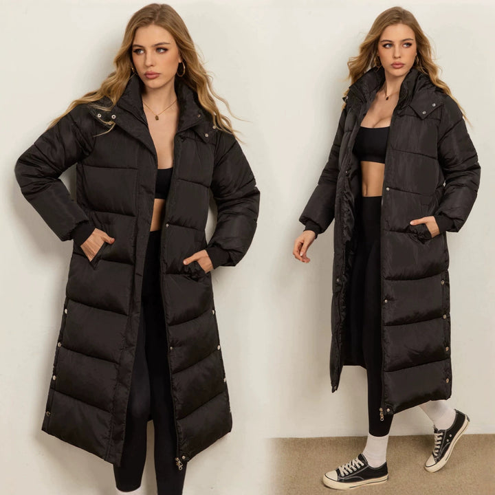 Damen Langer wattierter Puffer-Mantel mit Kassettensteppung, Zwei-Wege-Reißverschluss und Rippbündchen Drune