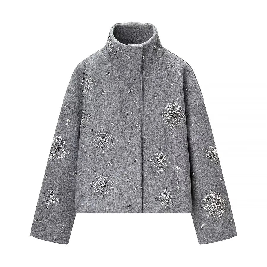 Damen nan boxy Kurzjacke mit hohem Stehkragen und funkelnder Perlen‑ und Paillettenstickerei Drune