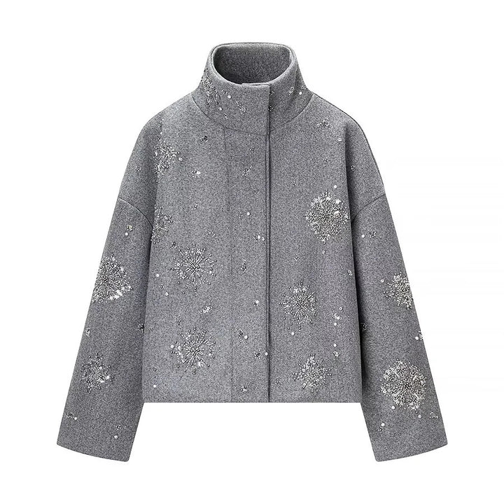 Damen nan boxy Kurzjacke mit hohem Stehkragen und funkelnder Perlen‑ und Paillettenstickerei Drune