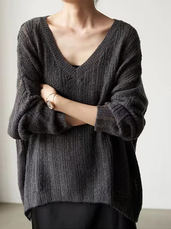 Damen Grobstrickpullover mit lässigem V-Ausschnitt und modischer Struktur Drune