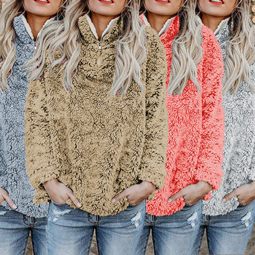 Damen Flauschige Fleece-Pulloverjacke mit hohem Kragen und Reißverschluss Drune