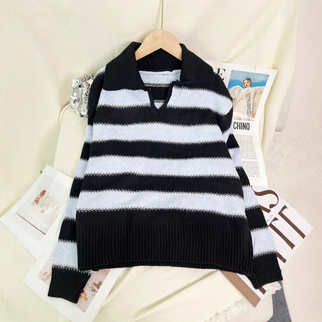 Damen gestreifter Pullover mit modernem Polokragen und elastischem Bund Drune