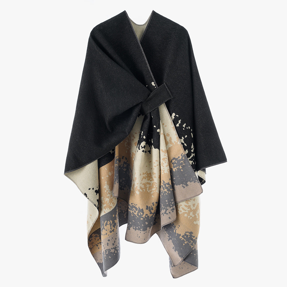 Damen Reversibler Wollmix-Capeponcho mit Bindegürtel und abstraktem Farbverlauf Drune