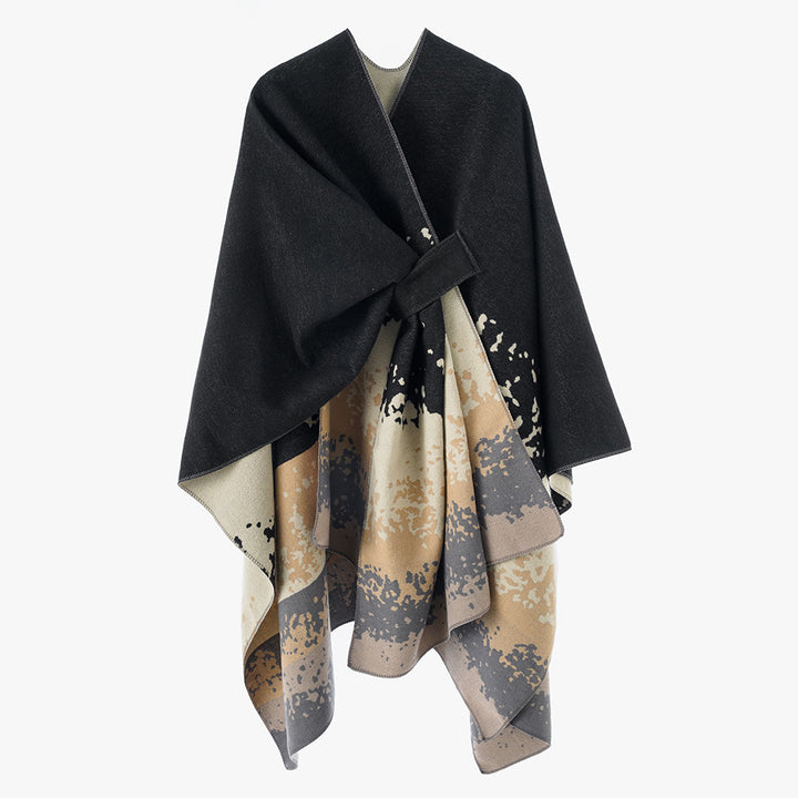 Damen Reversibler Wollmix-Capeponcho mit Bindegürtel und abstraktem Farbverlauf Drune