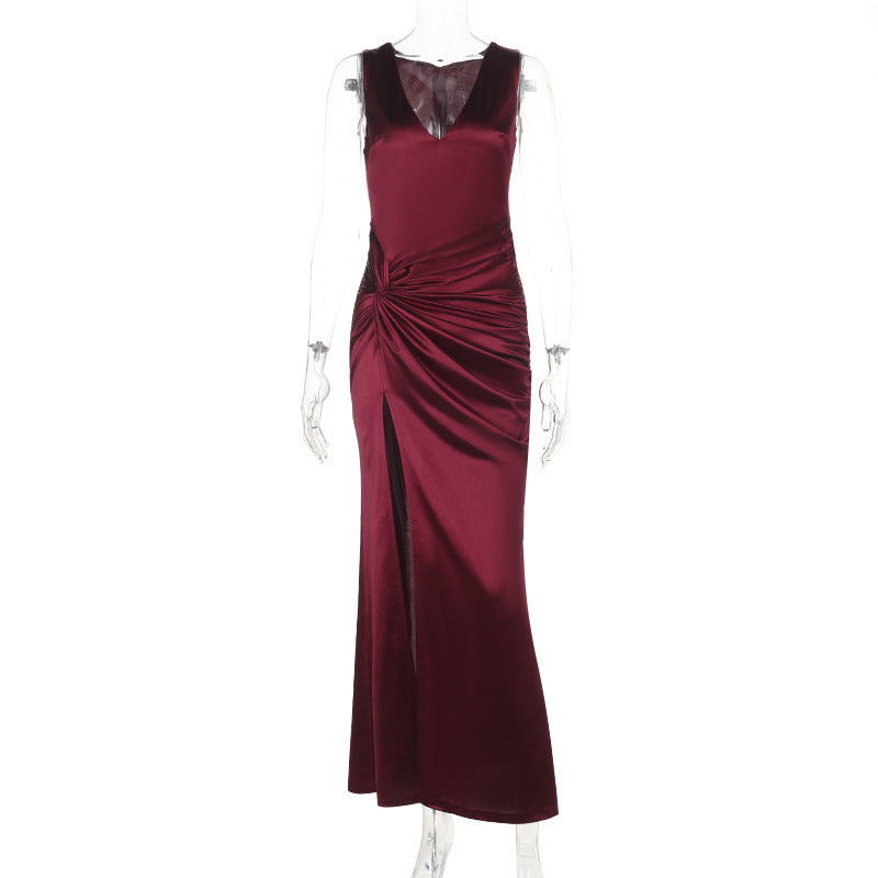 Damen figurbetontes Maxikleid mit raffinierten Drapierungen und tiefem Schlitz Drune