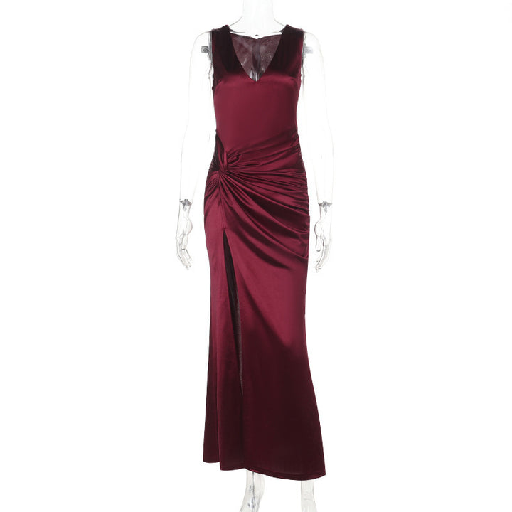 Damen figurbetontes Maxikleid mit raffinierten Drapierungen und tiefem Schlitz Drune