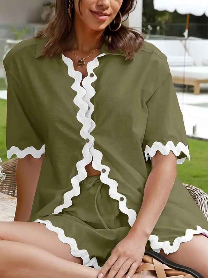 Damen Freizeit Blusen-Shorts Set mit eleganten Wellenkanten Drune
