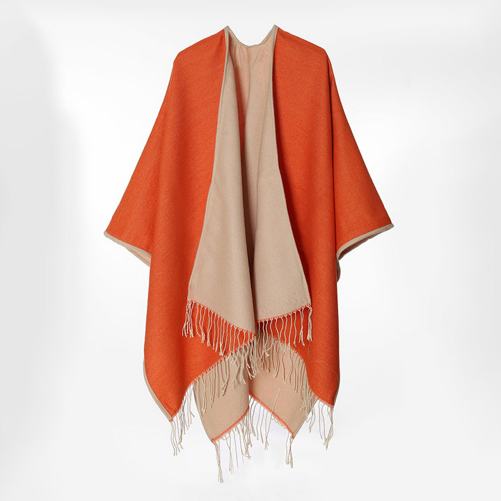 Damen Reversibler Capeponcho im Layer‑Look mit Fransen und kastigem Oversize‑Fall Drune