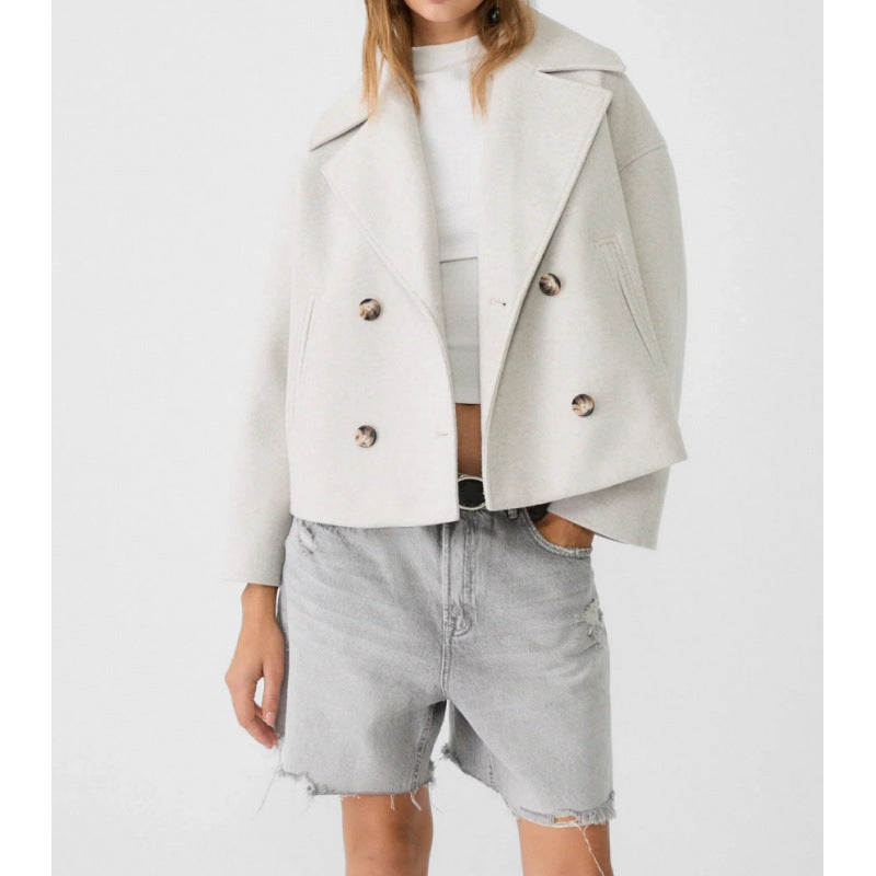 Damen Kurzer Zweireihiger Wollmix-Peacoat mit übergroßem Revers Drune