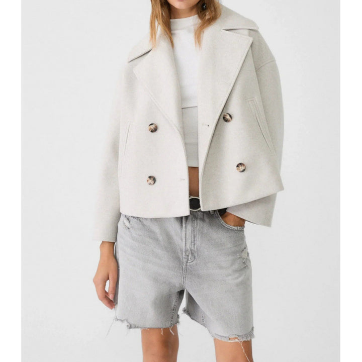 Damen Kurzer Zweireihiger Wollmix-Peacoat mit übergroßem Revers Drune