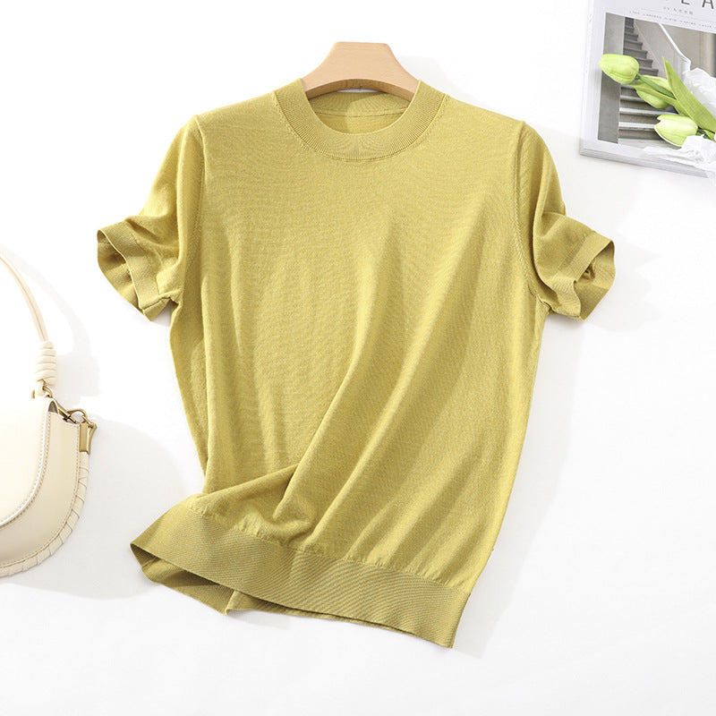 Damen Leichtes Kurzarm-Stricktop aus feinem Jersey mit Rundhals und Saumblende Drune