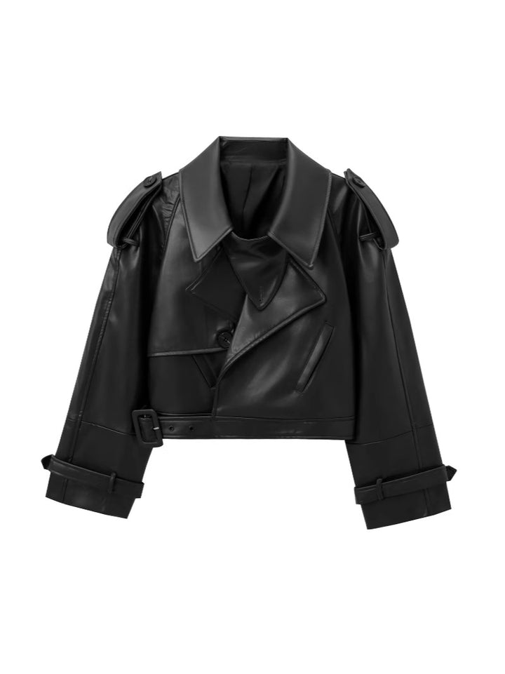 Damen cropped Leder Motorradjacke mit asymmetrischem Revers Drune
