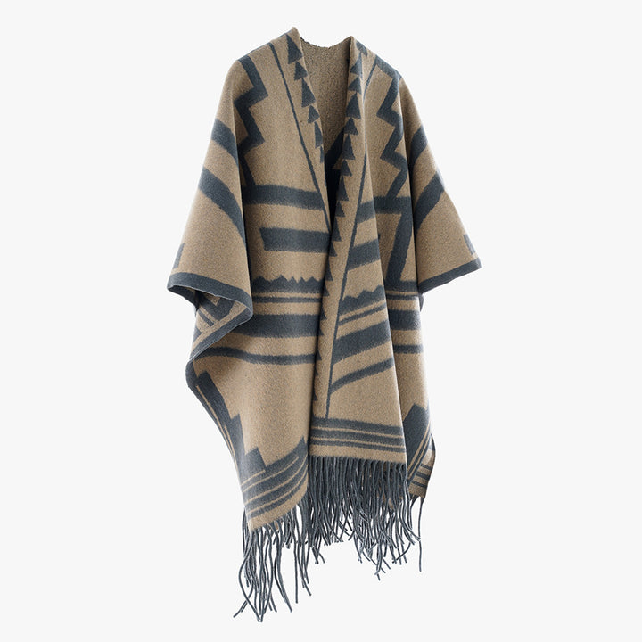 Damen Aztekisch inspirierter Wollmix-Überwurf mit asymmetrischem Fall und Fransensaum Drune