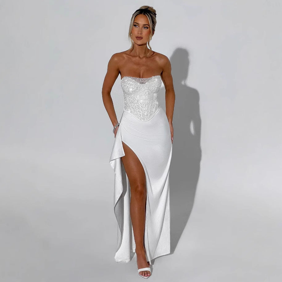 Damen Elegantes Abendkleid mit schimmerndem Oberteil und hohem Schlitz Drune