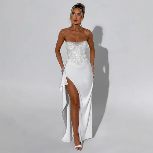 Damen Elegantes Abendkleid mit schimmerndem Oberteil und hohem Schlitz Drune