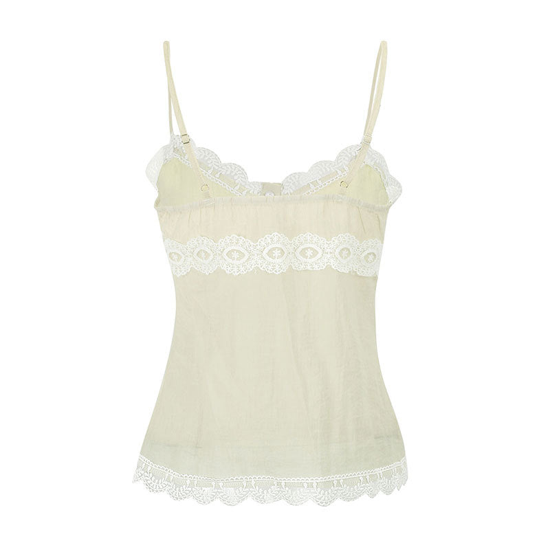 Damen Spaghettiträger Bluse mit Spitzenakzenten und Knopfdetail Drune