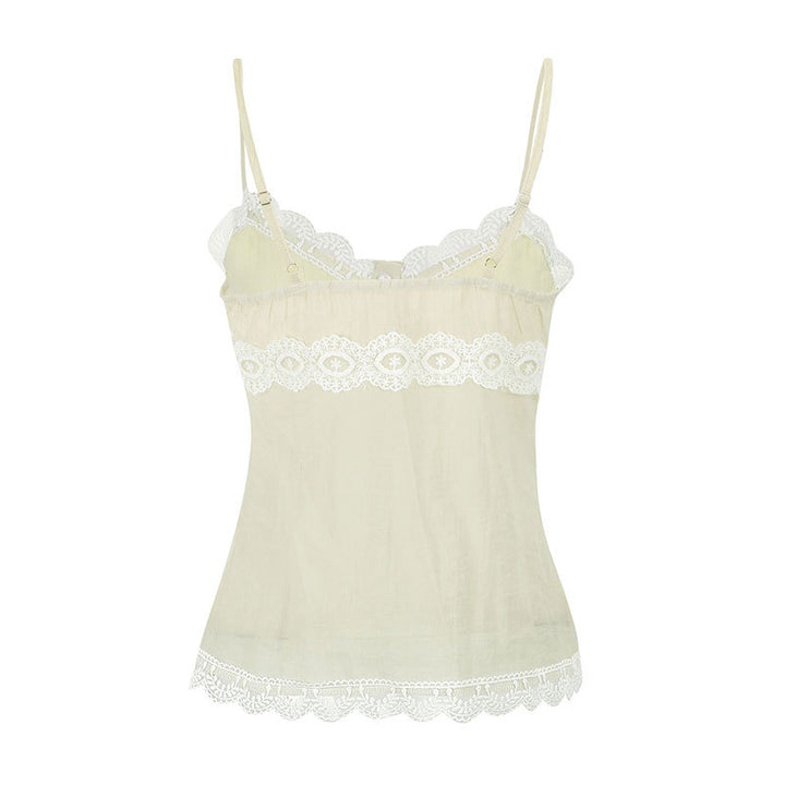 Damen Spaghettiträger Bluse mit Spitzenakzenten und Knopfdetail Drune