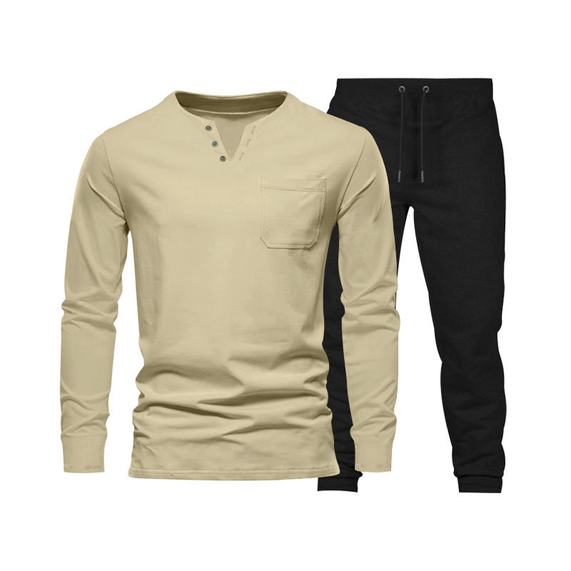Herren Langarm‑Henley Loungewear‑Set mit Brusttasche und tapered Jogginghose Drune