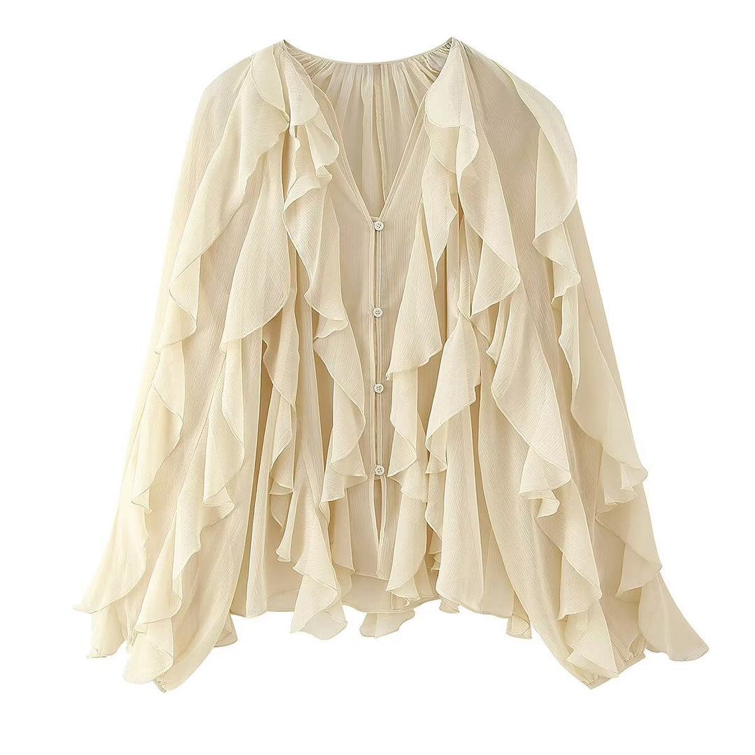 Damen Volant-Chiffonbluse mit Knopfleiste, gerafftem Ausschnitt und Ballonärmeln Drune