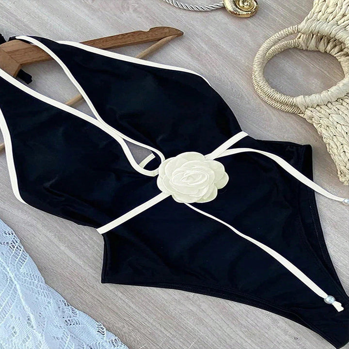 Damen Eleganter Hochgeschnittener Badeanzug mit floralen Akzenten Drune