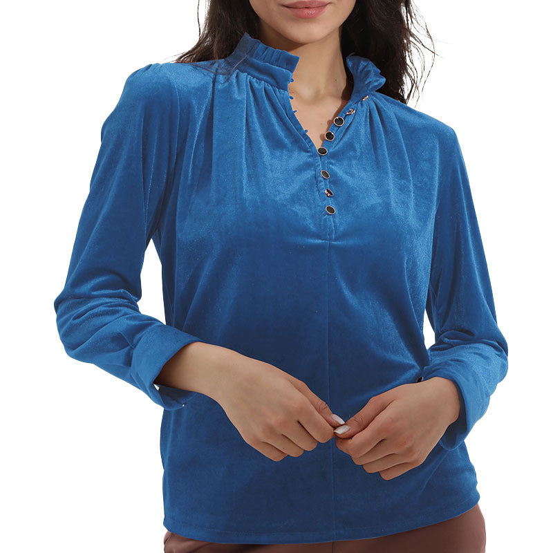 Damen Elegantes Samtoberteil mit gerafftem Kragen und Knopfdetails Drune