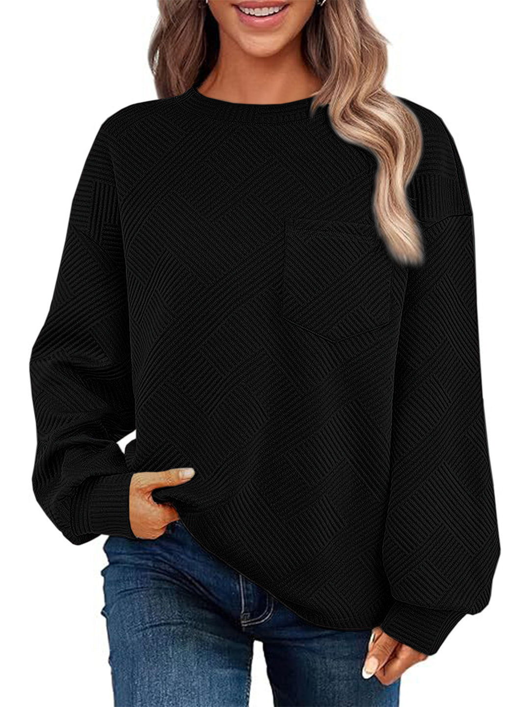 Damen Oversize Strukturstrick-Pullover mit Brusttasche Drune