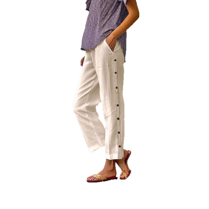 Damen Cropped Weitbeinige Knopf-Trim Leinen-Mischung Casual Hose Drune