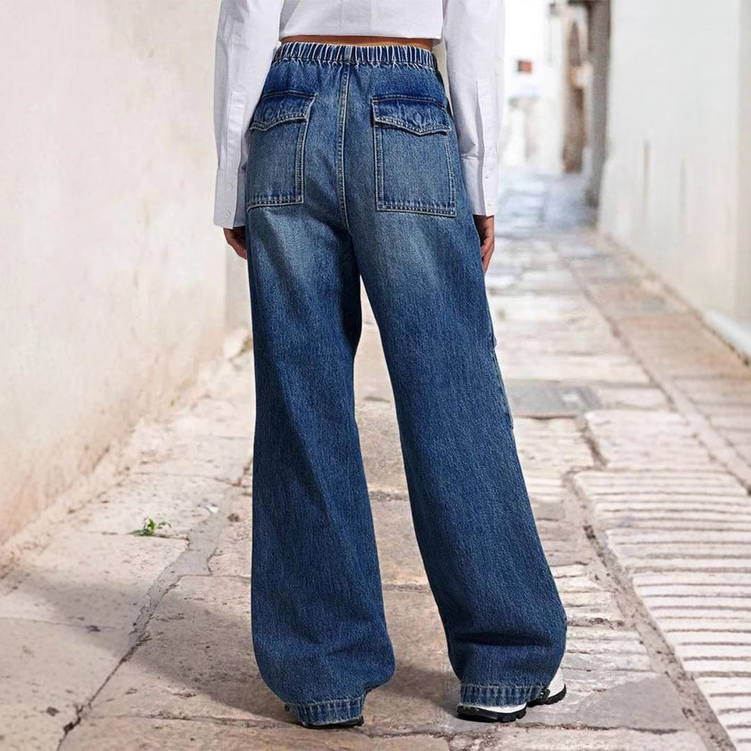 Damen Weite Denim-Hose mit elastischem Bund und hohen Taschen Drune