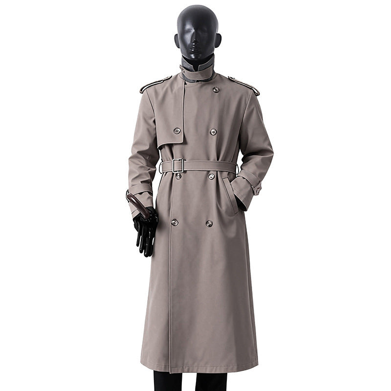 Herren Zeitloser Maxilanger Trenchcoat im Military-Stil mit Sturmklappe und Taillengürtel Drune