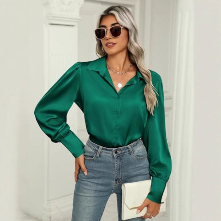 Damen Seidenoptik-Bluse mit Hemdkragen, verdeckter Knopfleiste und langen Manschetten Drune