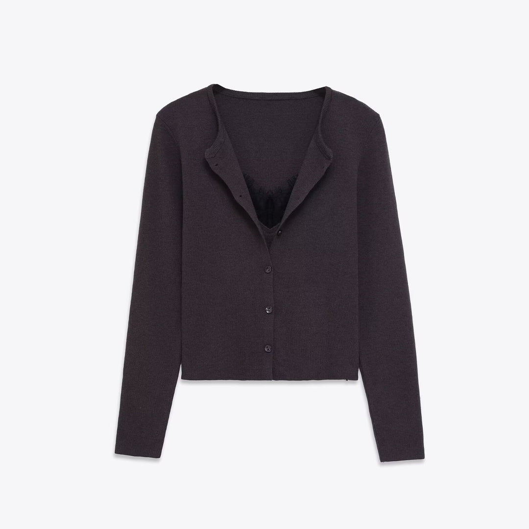 Damen 40+ feiner Strickcardigan mit integriertem Spitzen‑Cami Drune