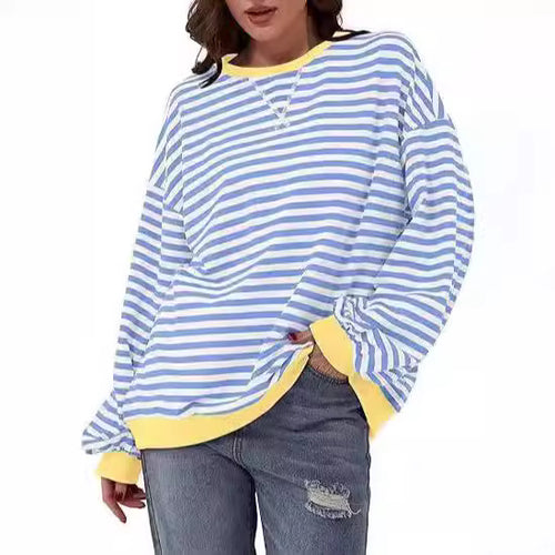 Damen Gestreifter Oversize Pullover mit Kontrastbündchen Drune