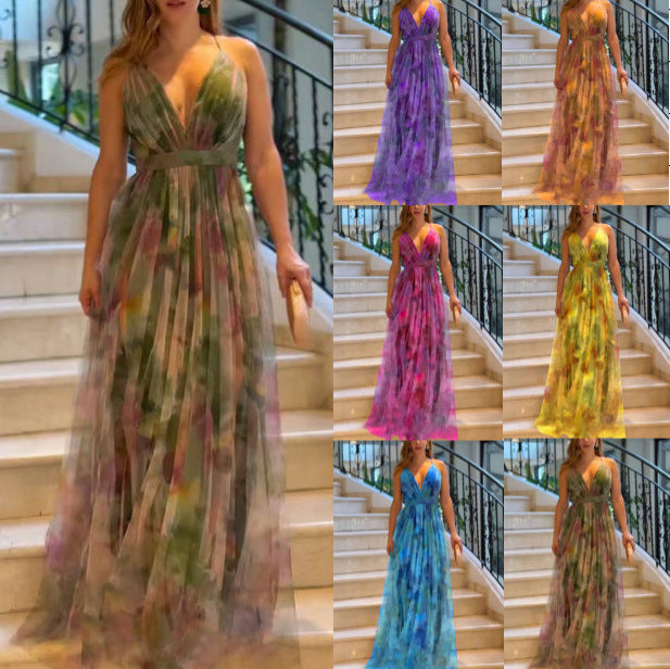 Damen Maxikleid mit tiefem V-Ausschnitt und fließendem Chiffon Drune
