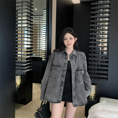 Damen Lässige Denim-Hemdjacke mit großen aufgesetzten Taschen Drune