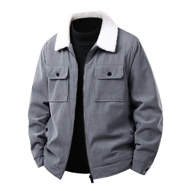 Herren Kord-Workjacke mit Sherpa-Kragen, verdecktem Reißverschluss und Multifach-Brusttaschen Drune