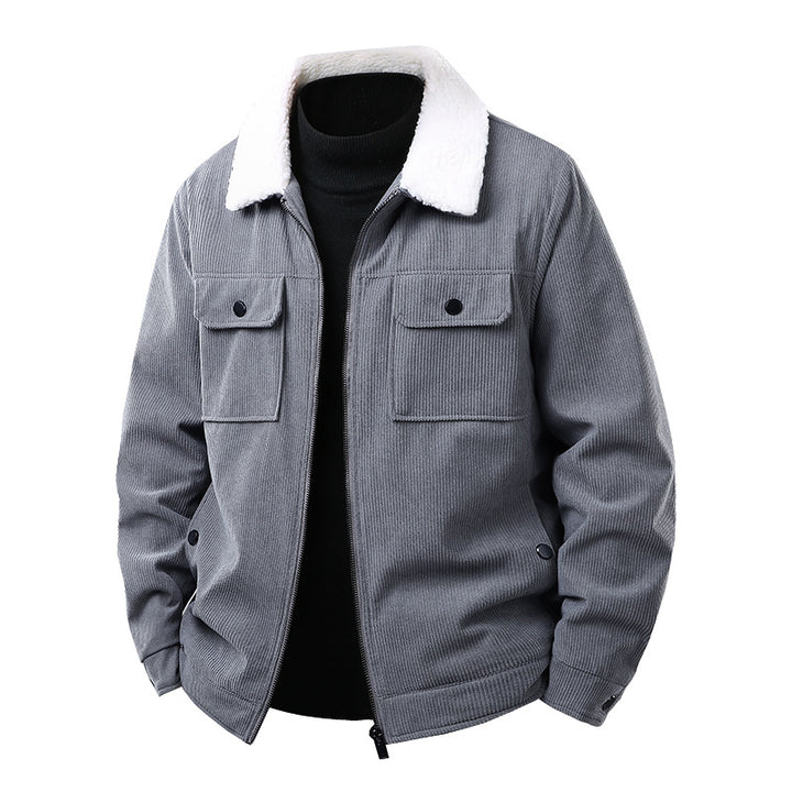 Herren Kord-Workjacke mit Sherpa-Kragen, verdecktem Reißverschluss und Multifach-Brusttaschen Drune