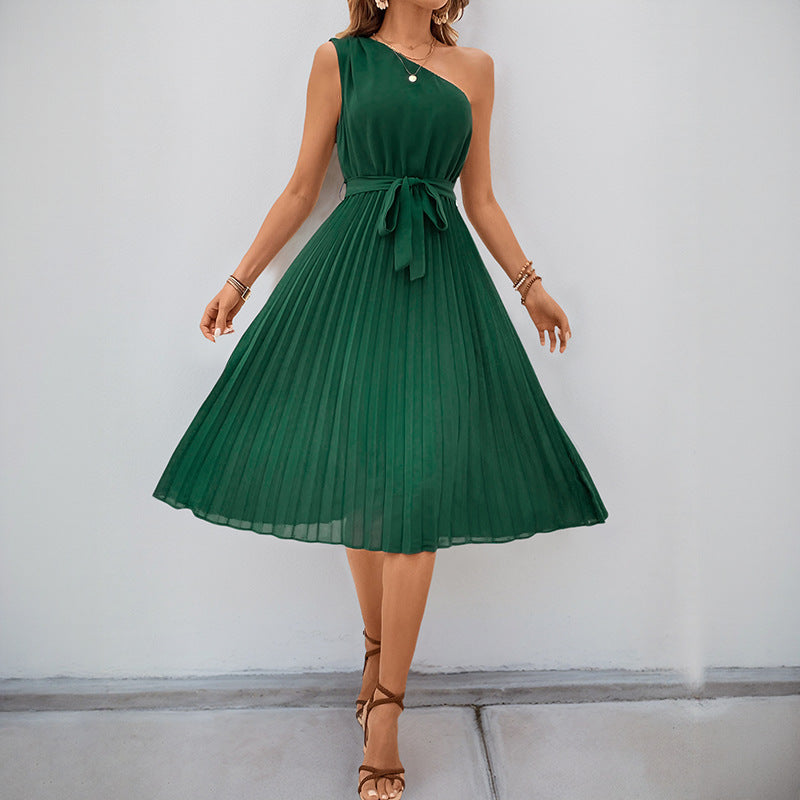 Damen Plissee-Kleid mit Taillengürtel und elegantem V-Ausschnitt Drune
