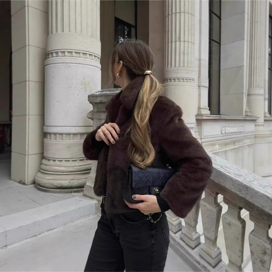Damen Kurze Boxy-Kunstpelzjacke mit Hemdkragen und dichter Hochflorstruktur Drune