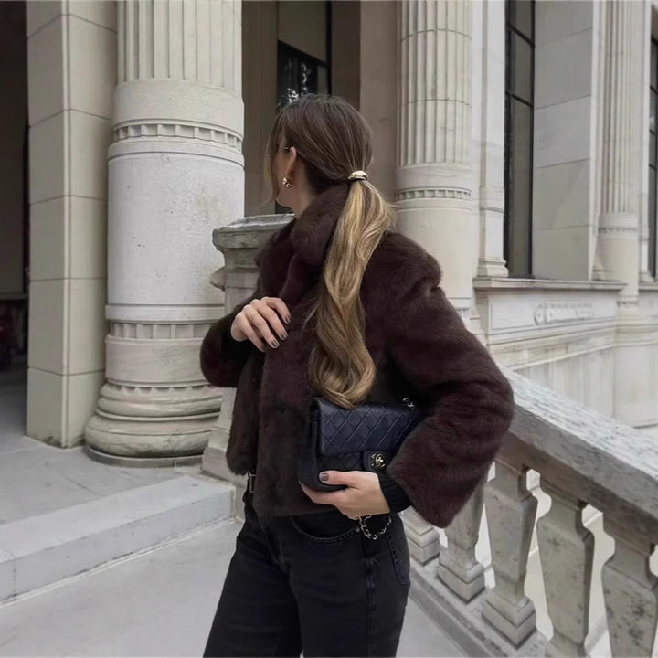 Damen Kurze Boxy-Kunstpelzjacke mit Hemdkragen und dichter Hochflorstruktur Drune