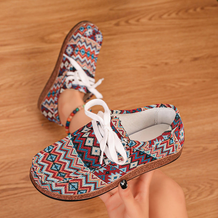 Damen Ethno-Canvas-Sneaker mit gepolstertem Fußbett und Korkoptik-Sohle Drune
