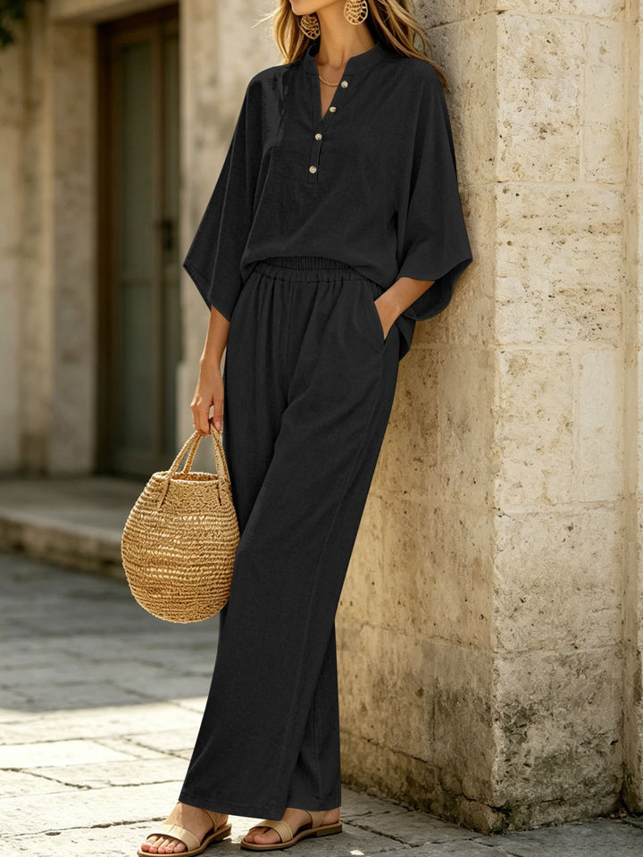 Damen Leichtes Jersey-Set mit Oversize-Henleybluse, Kimonoärmeln und weiter Bundhose Drune