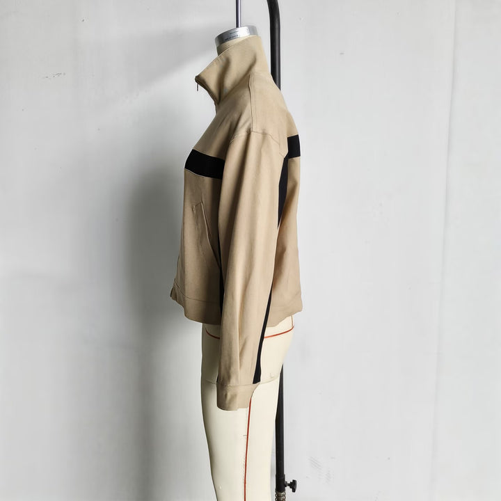 Damen Boxy-Cropped-Übergangsjacke mit Stehkragen, kontraststreifen und Eingrifftaschen Drune