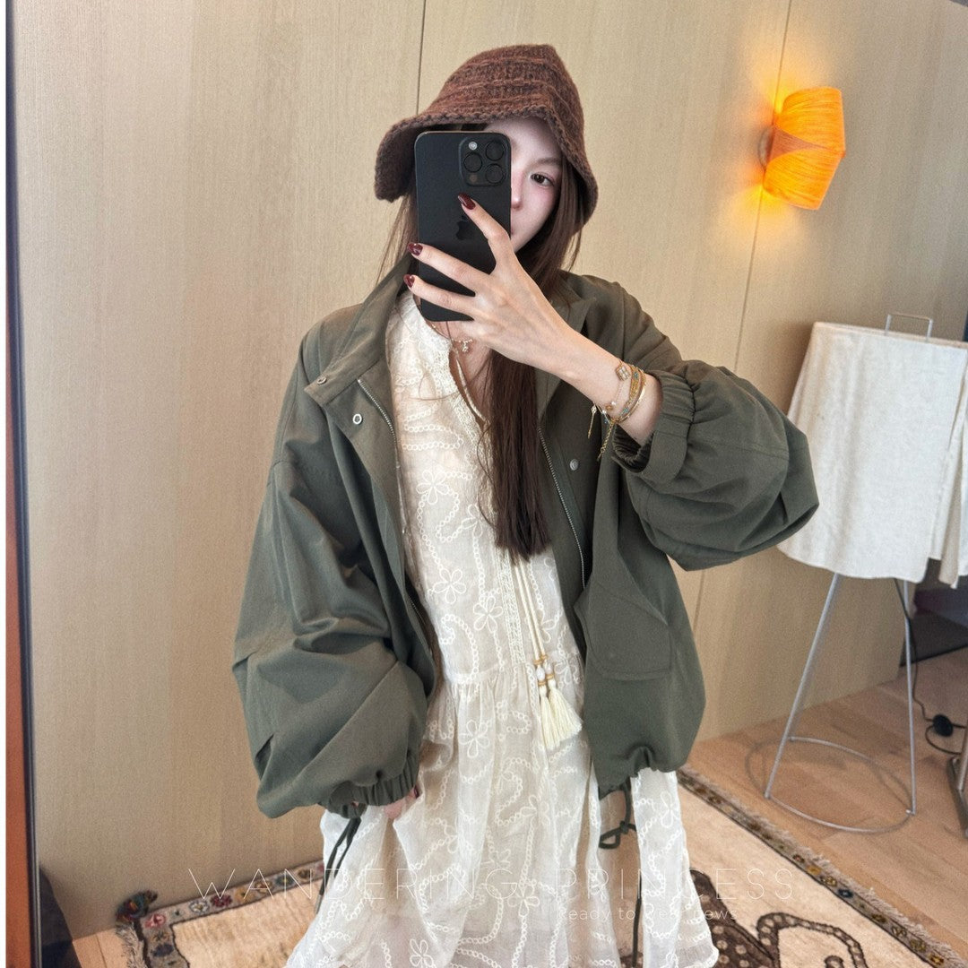 Damen Oversize Utility-Jacke mit Ballonärmeln und Kordelzug Drune
