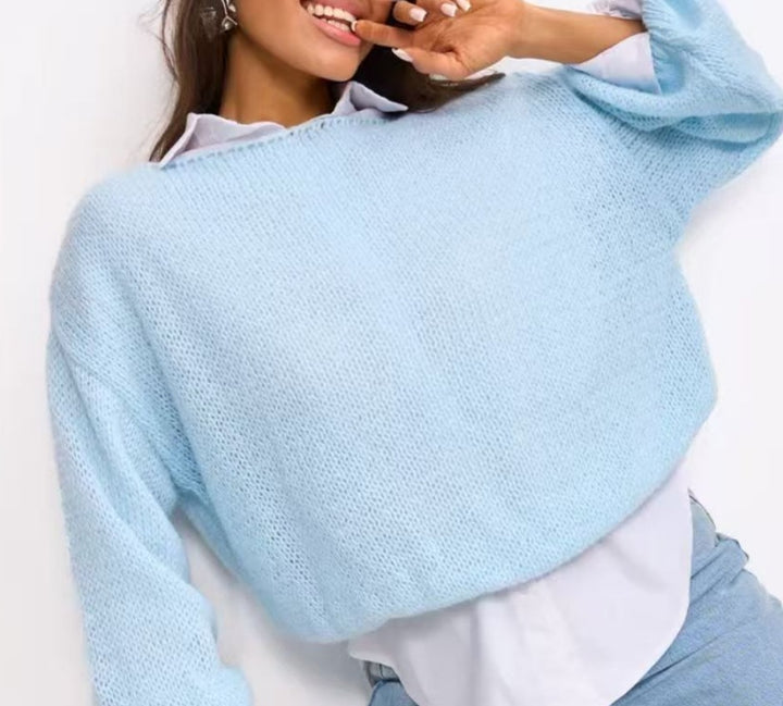 Damen lässiger Grobstrickpullover mit weiten Ärmeln und Rundhalsausschnitt Drune