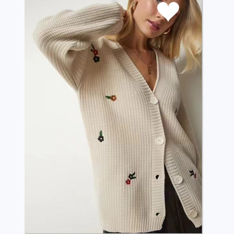 Damen Strickcardigan mit floralen Stickereien Drune