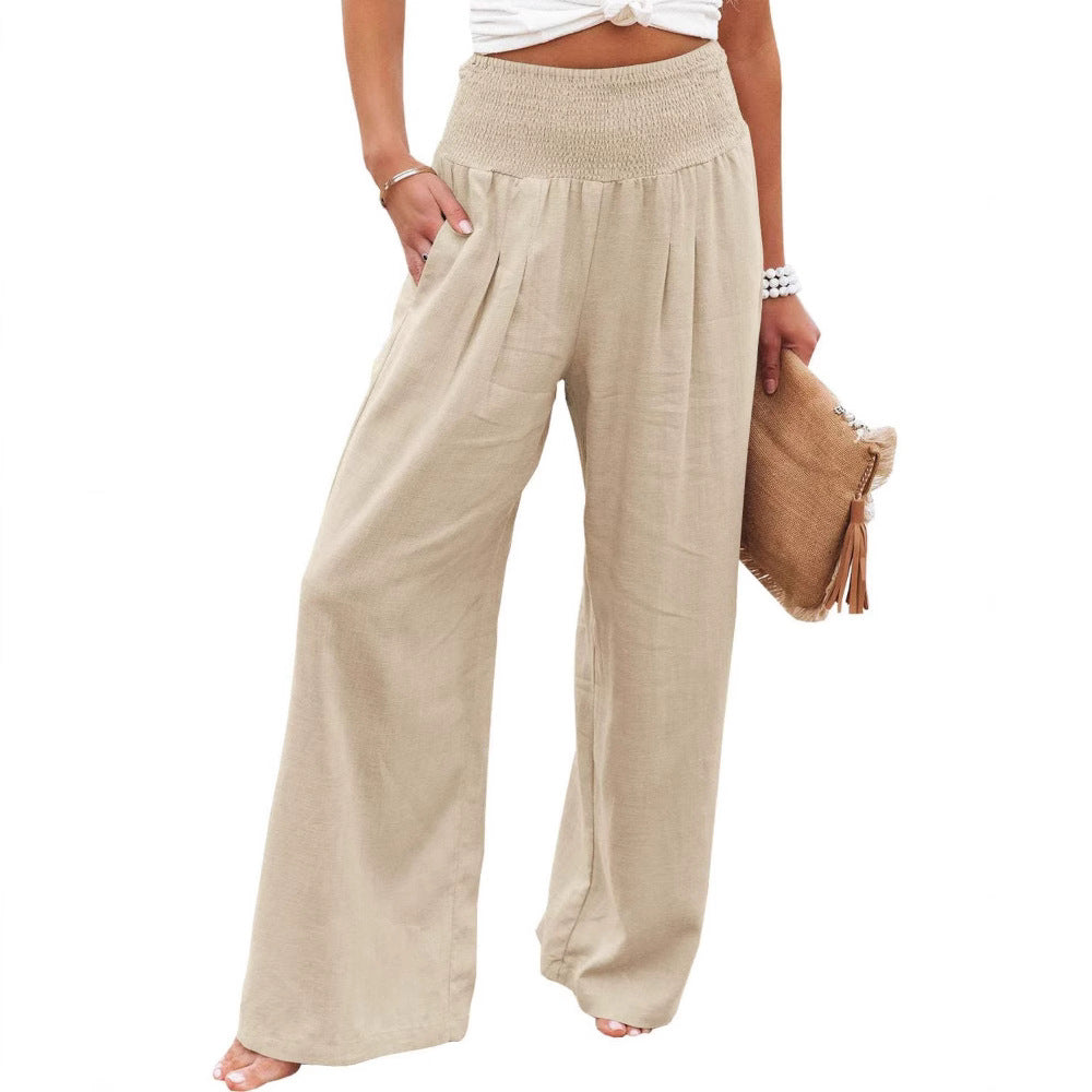 Damen Weite Leinenhose mit elastischem Bund und Falten Drune