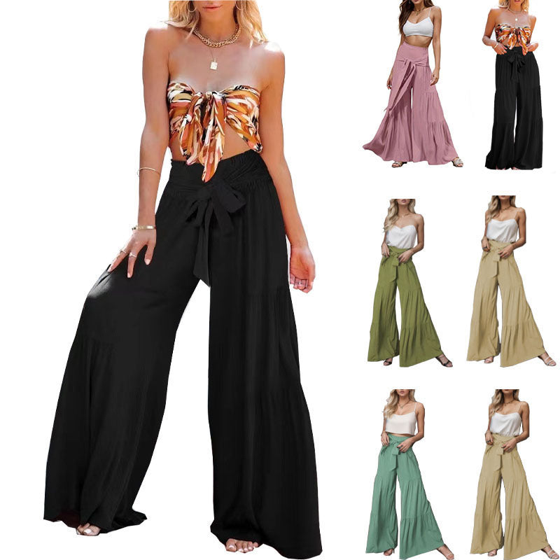 Damen weite High-Waist Hose mit eleganten Falten und Bindegürtel Drune